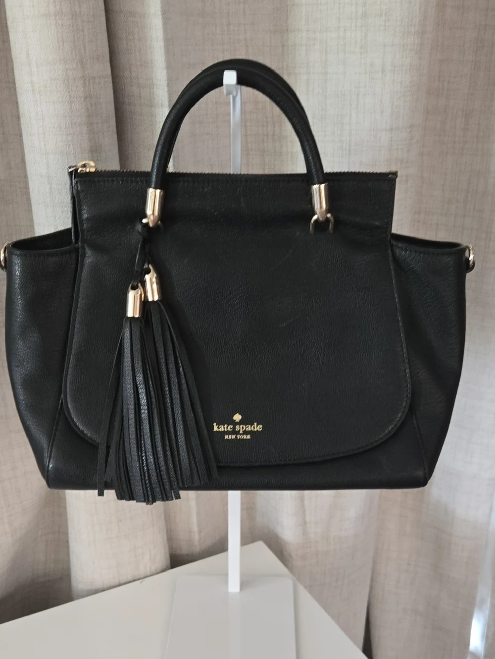kate spade Black Leather Satchel with Tassel Accent